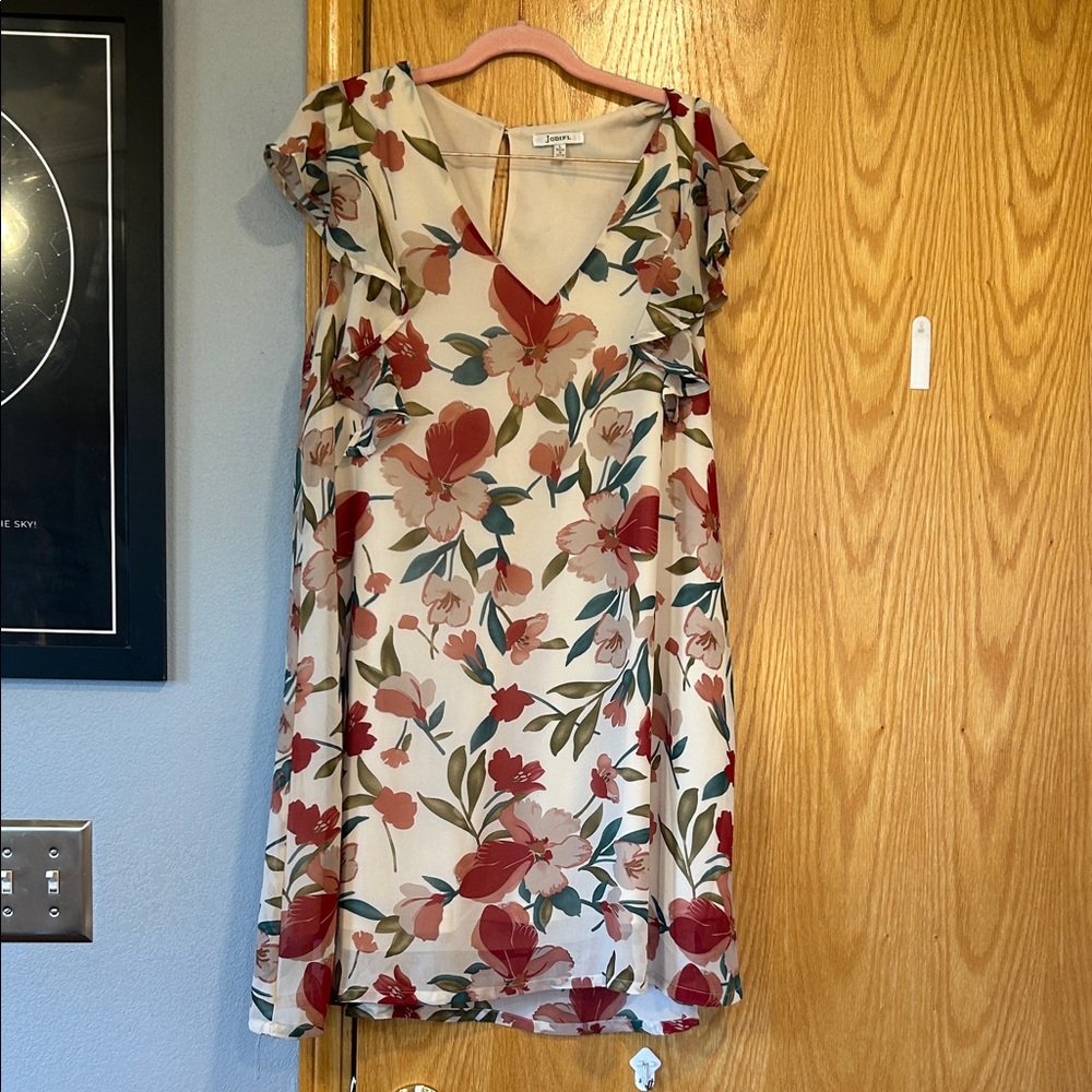 JODIFL Cream Midi Dress with Red & Green Floral Print